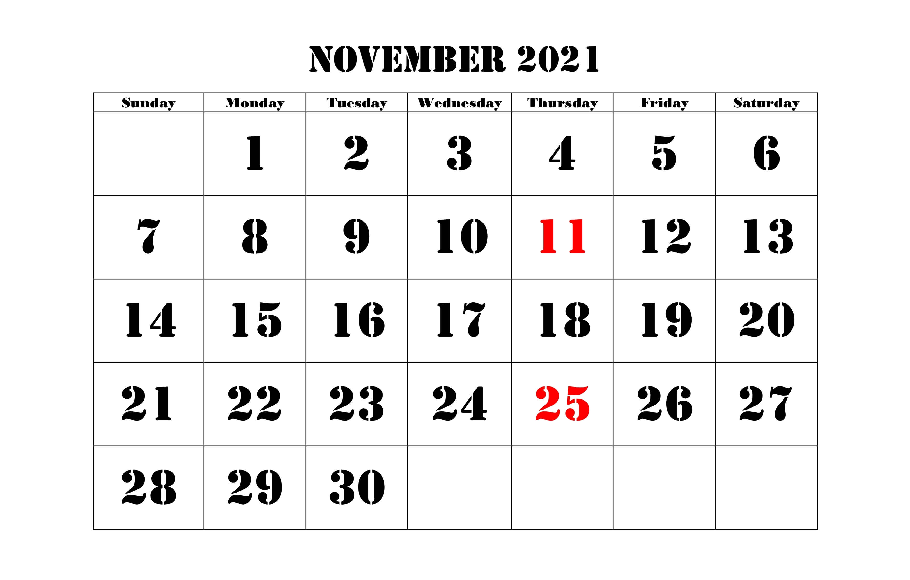 Editable November Calendar 2021