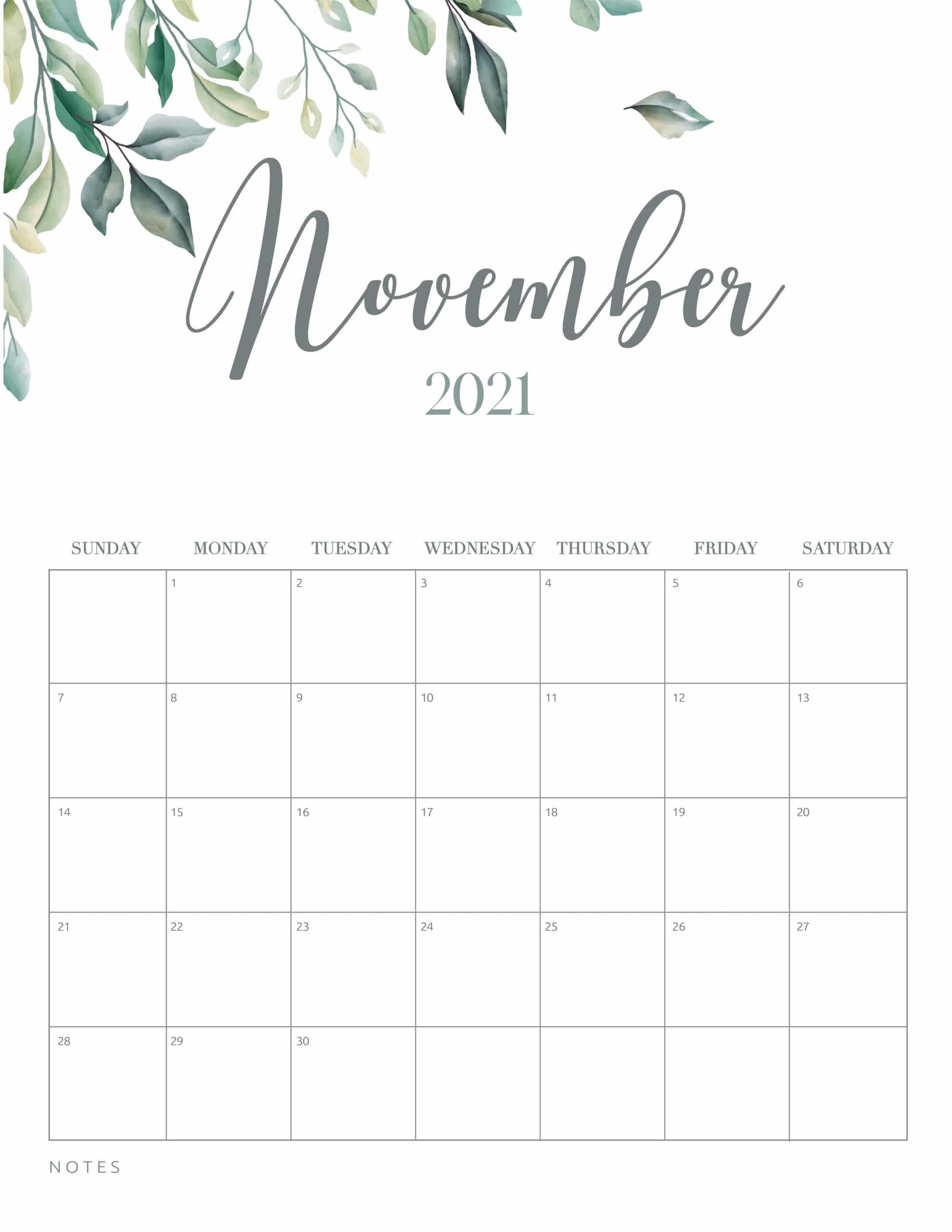 Floral November Calendar Printable 2021