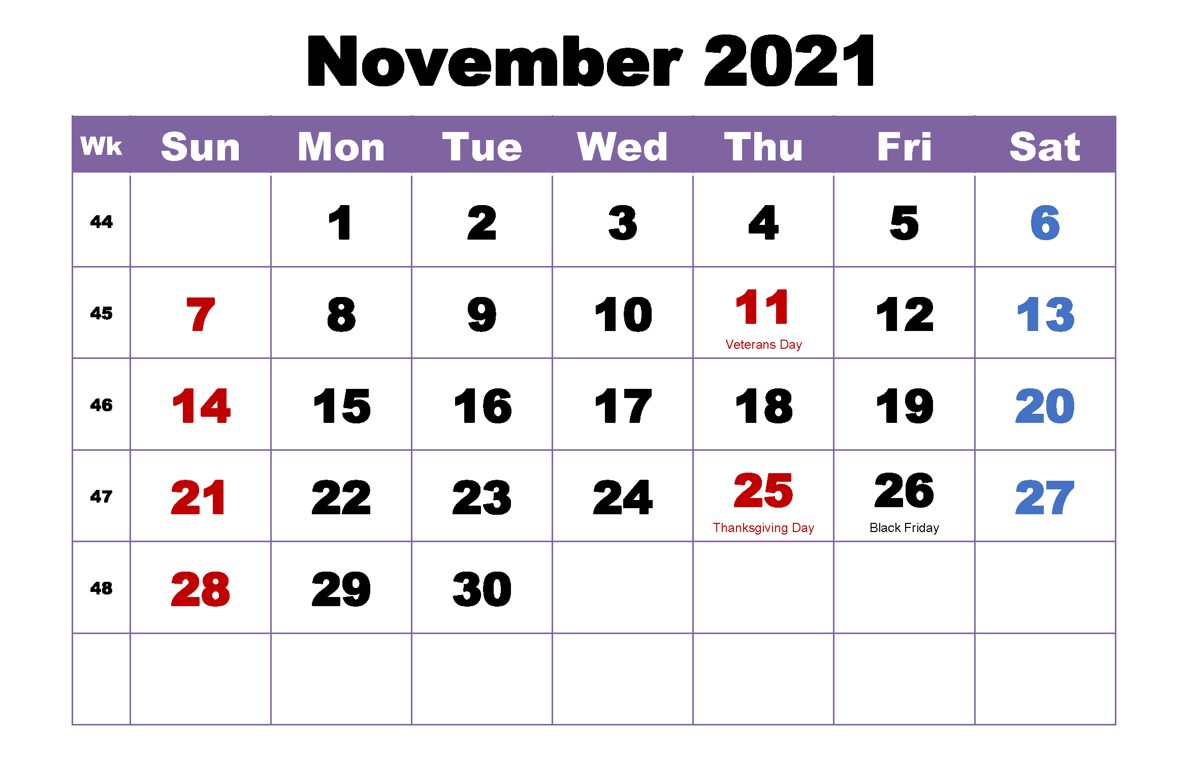 November 2021 Calendar Editable