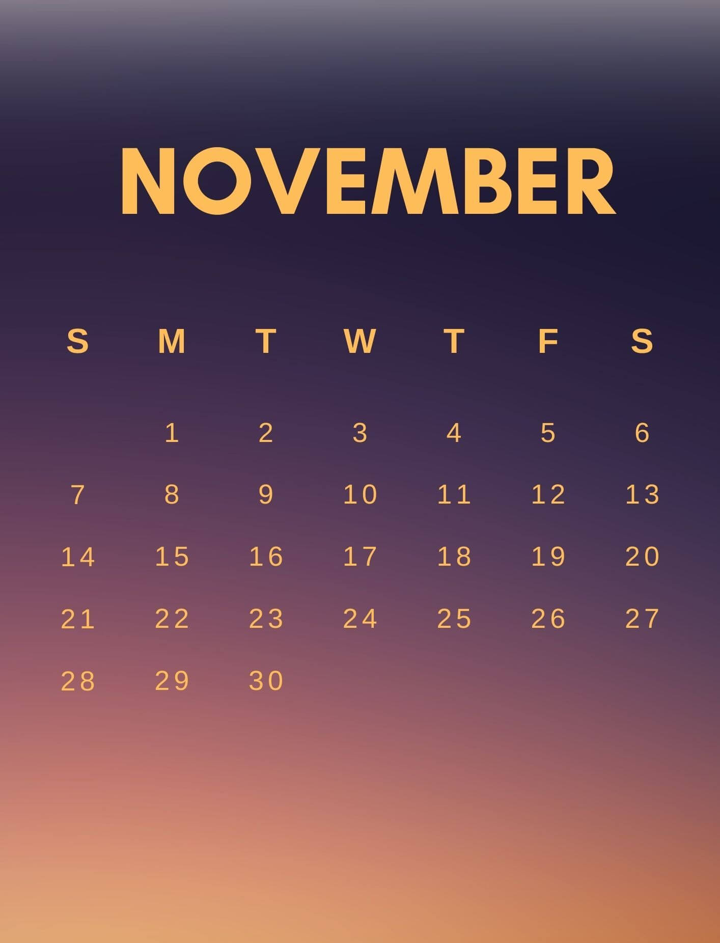 November 2021 Calendar For Mobile Phone
