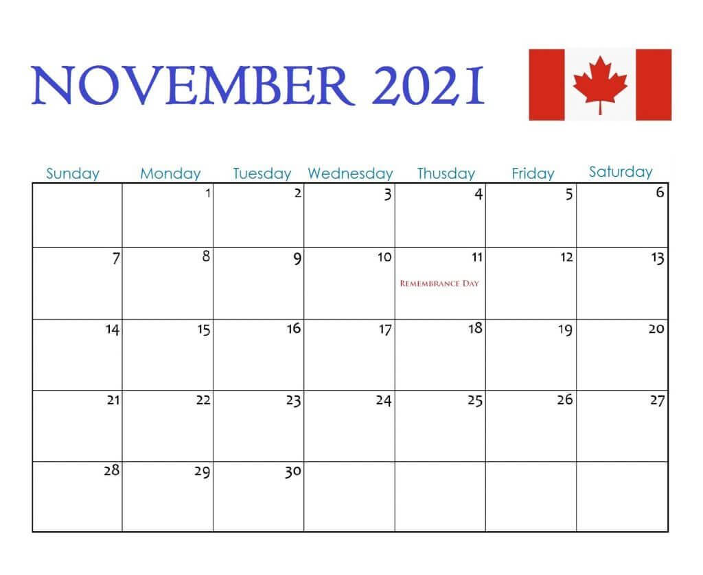 November 2021 Canada Holidays Calendar