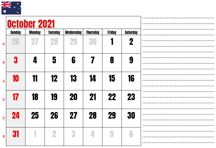 October 2021 Australia holidays Calendar