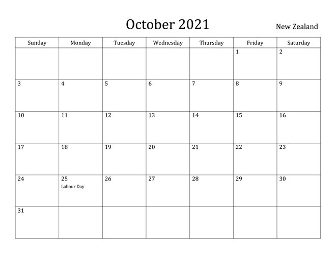 October 2021 Calendar with Holidays New Zealand