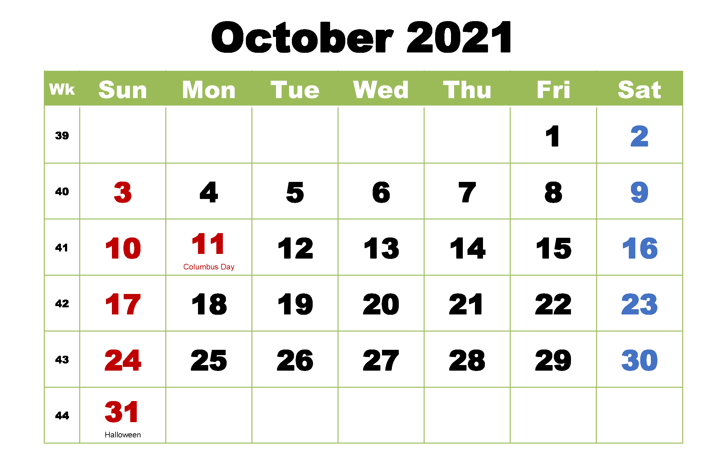 October 2021 Holidays Calendar