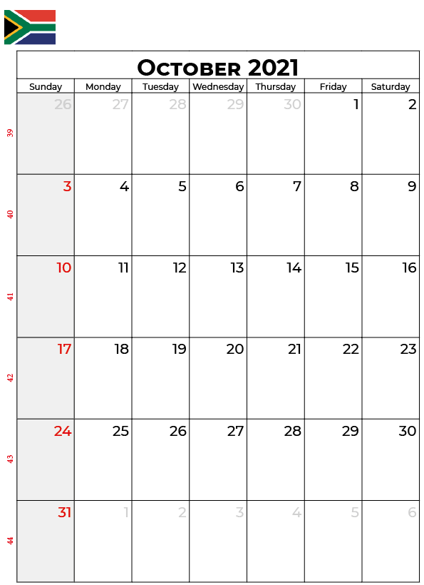 October 2021 South Africa Holidays Calendar