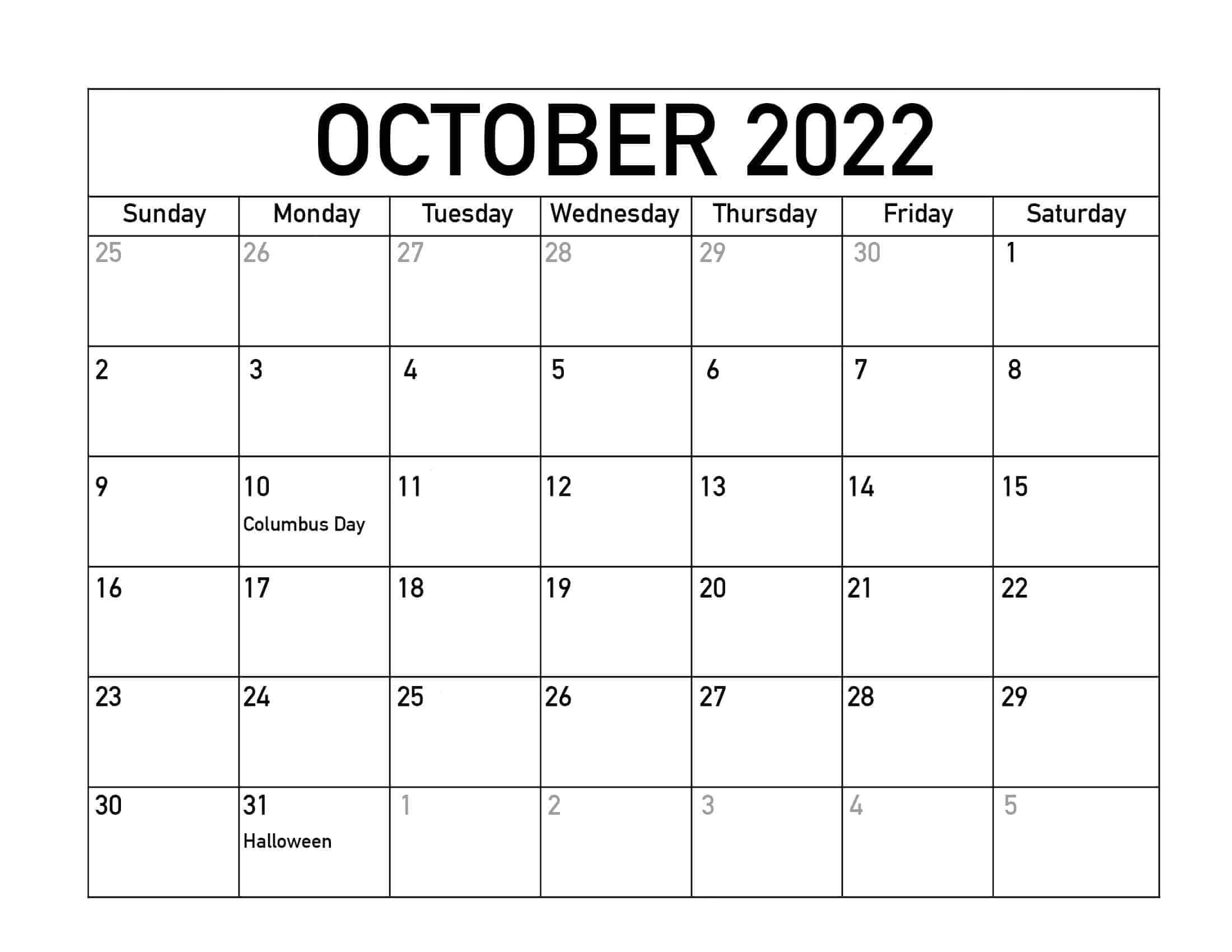October 2022 Calendar Holidays Template