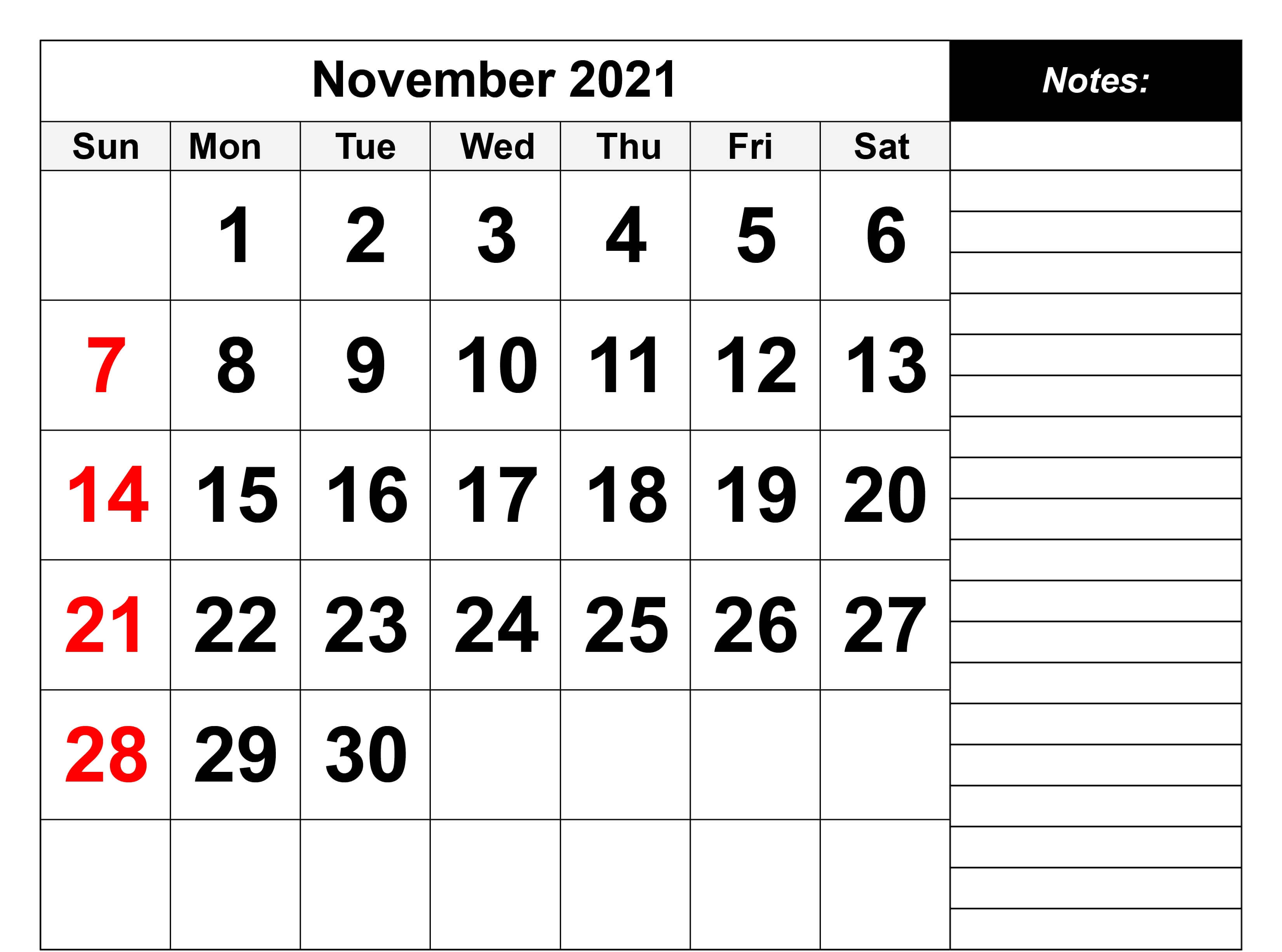 Print November 2021 Calendar With Notes
