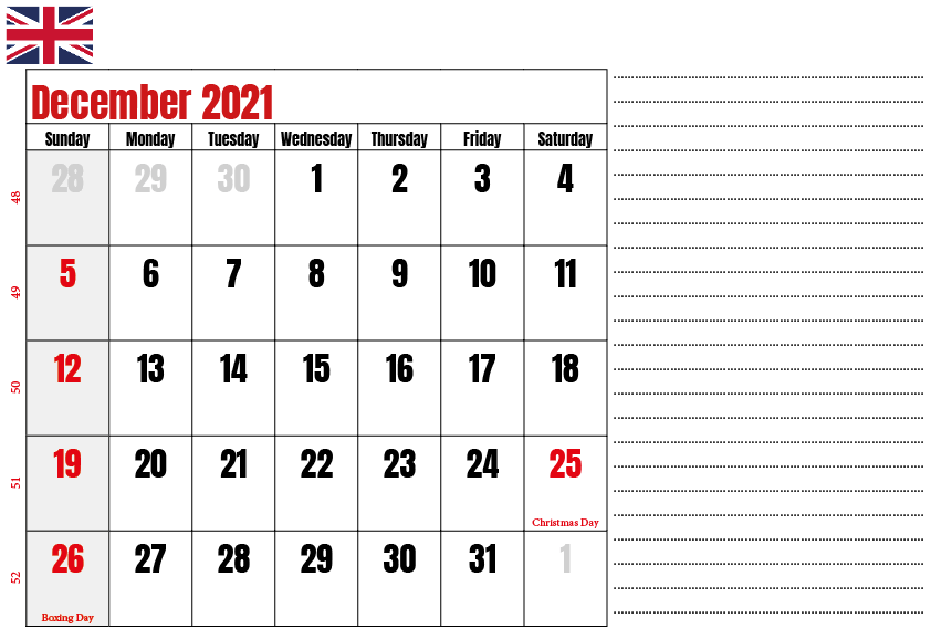 Printable December 2021 UK Holidays Calendar