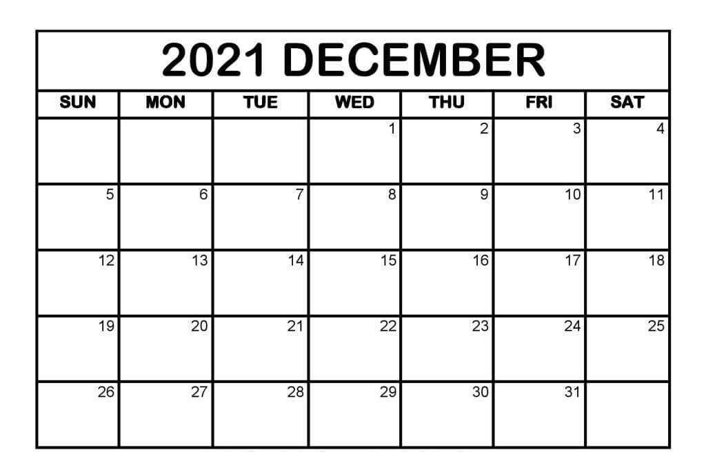 Printable Monthly Calendar December 2021