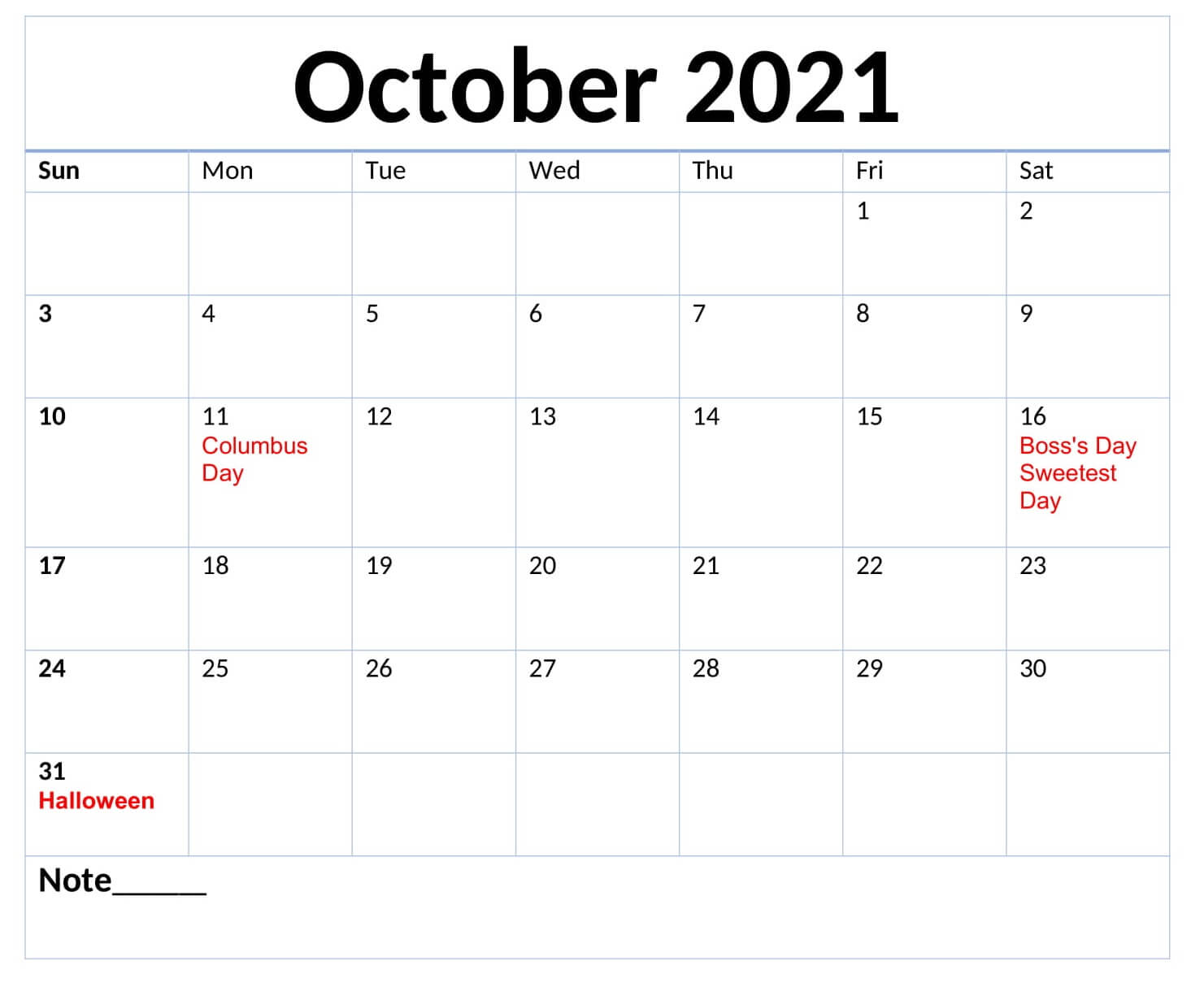 Printable October 2021 Holidays Calendar