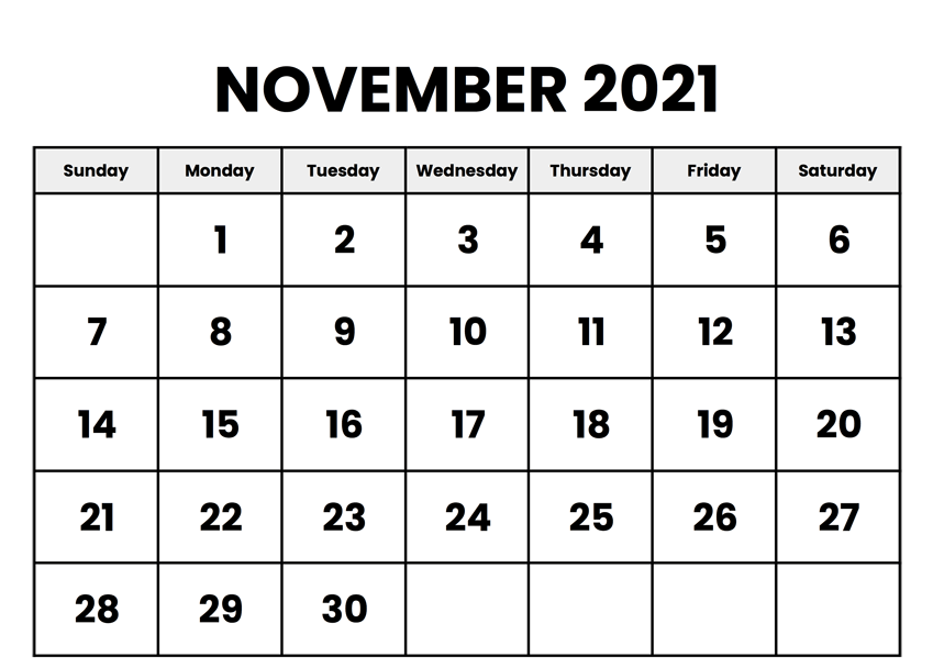 Printable monthly calendar november 2021