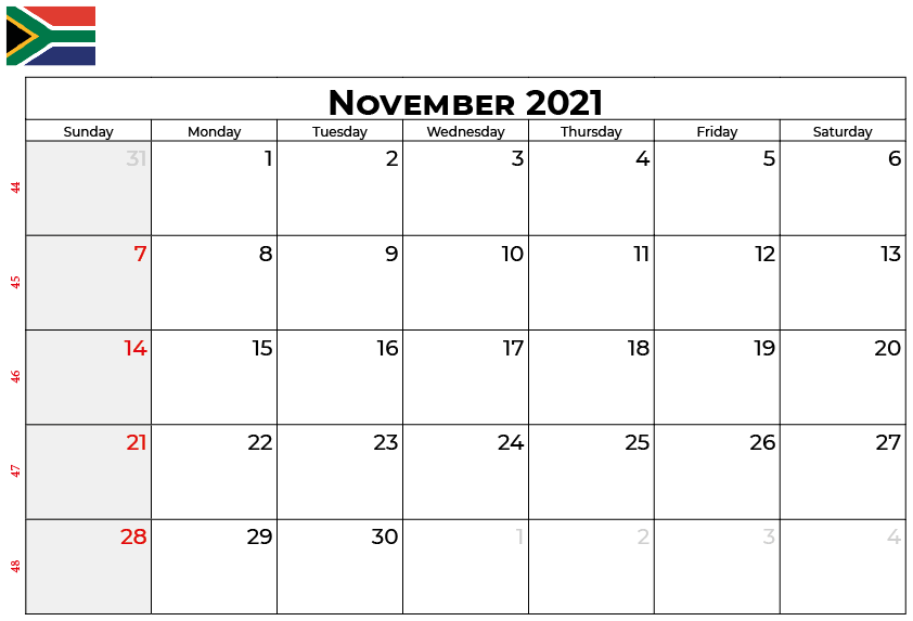 november 2021 calendar south africa