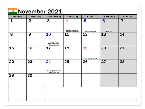 november 2021 calendar with holidays india