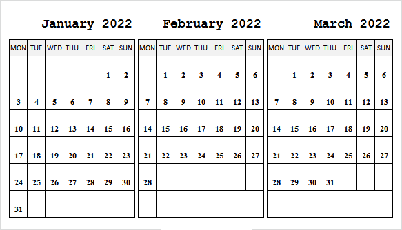 2022 January February March Calendar