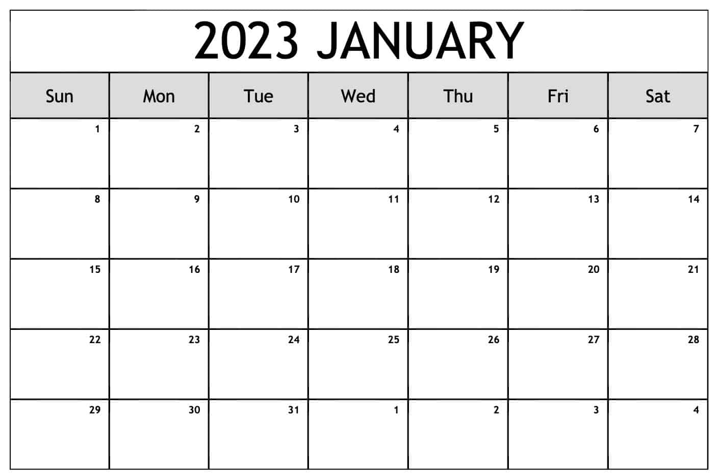 2023 January Calendar Blank
