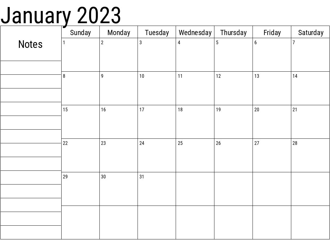 2023 January Calendar With Notes