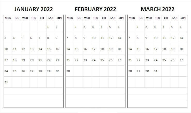 3-Month January February March 2022 Calendar