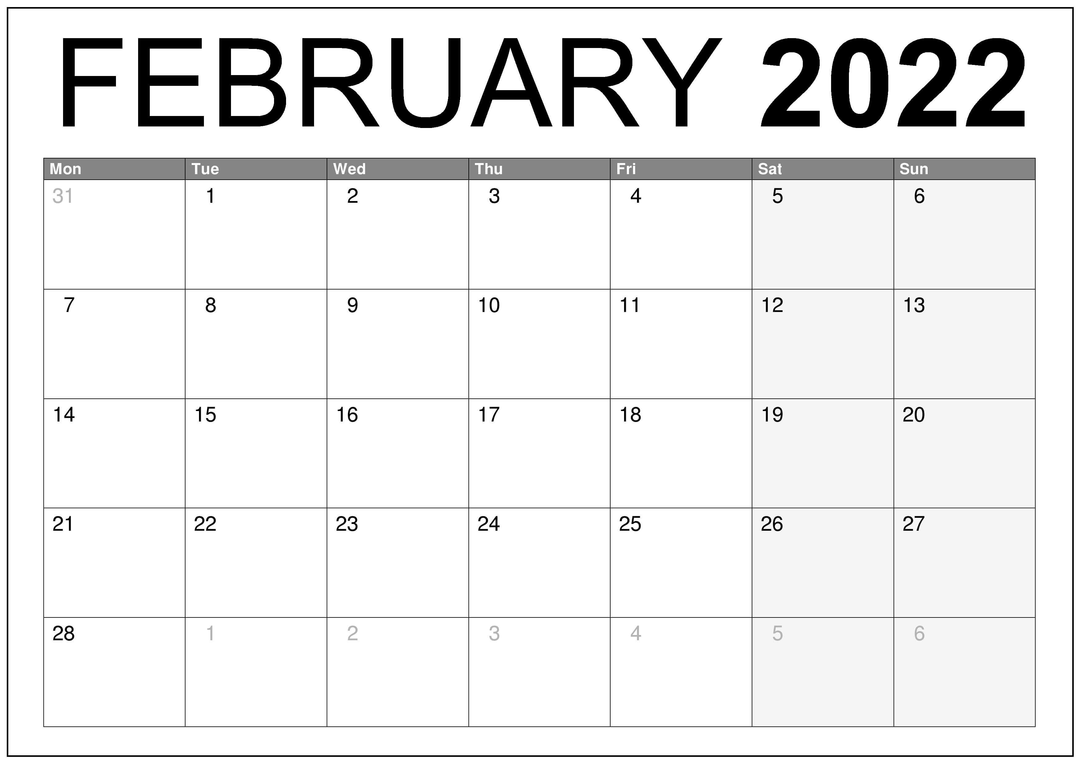 Blank February Calendar 2022