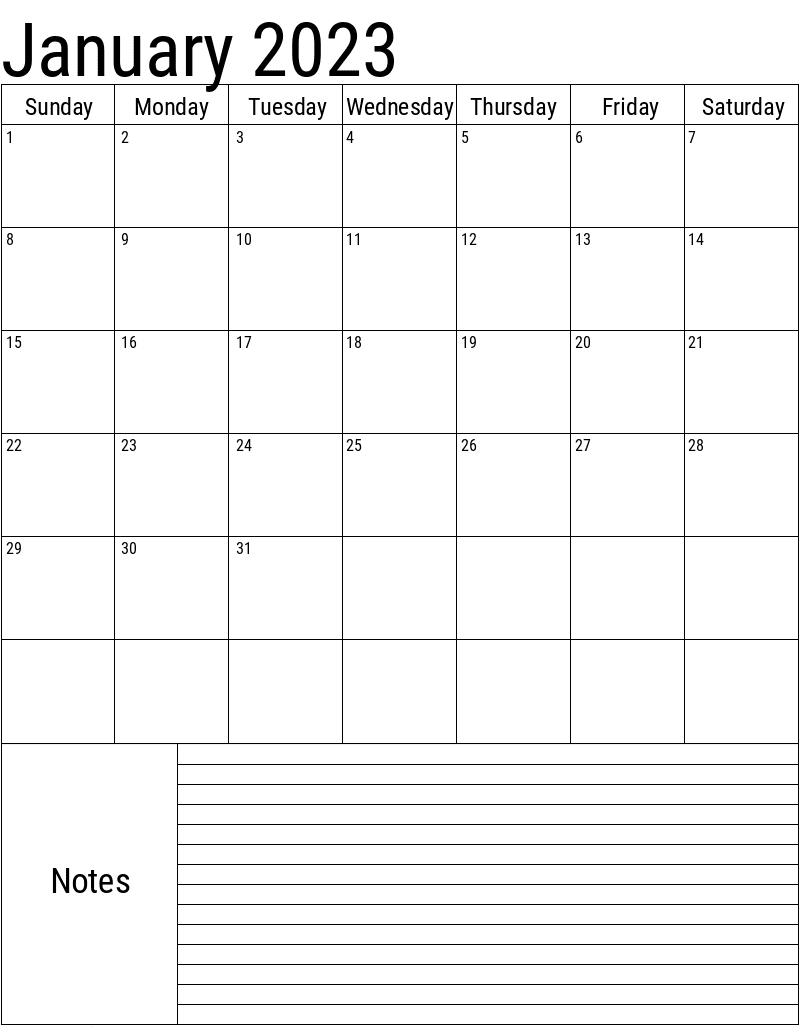 Blank January Editable 2023 Calendar with Notes