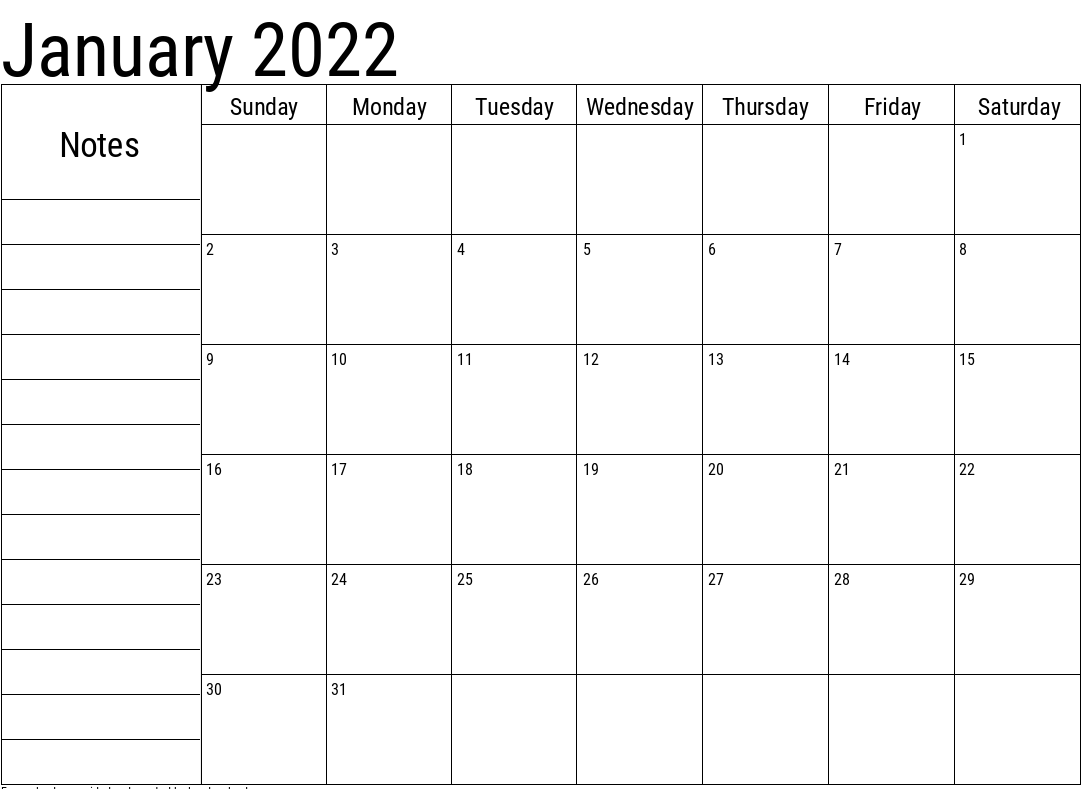 Calendar for january 2022
