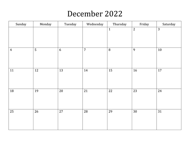 December 2022 Calendar Word