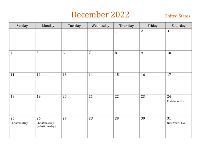 December 2022 Holidays Calendar