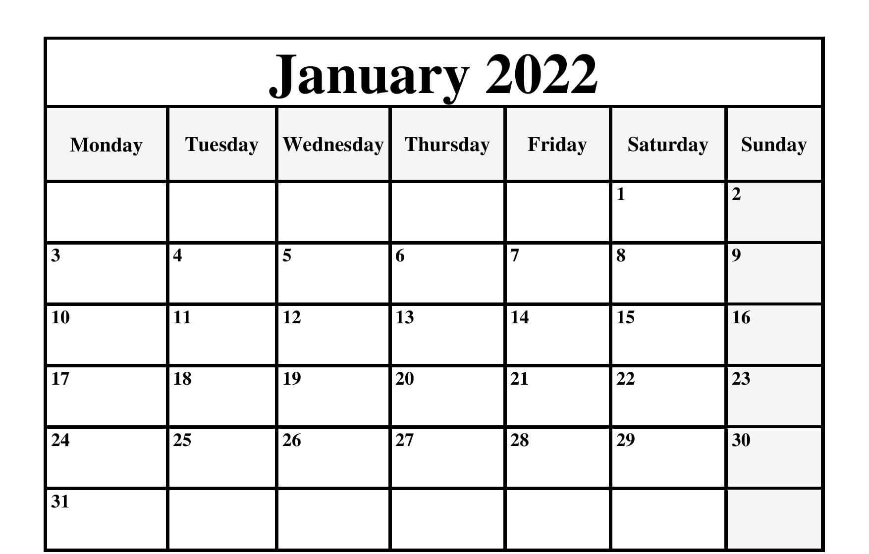 Editable January 2022 Calendar Word