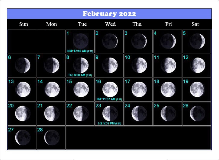 February 2022 Moon Phases Calendar