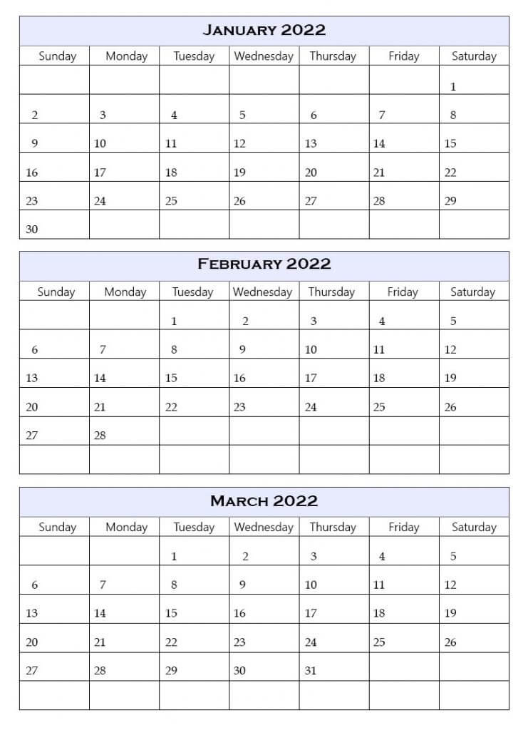 Free Printable January February March Calendar 2022