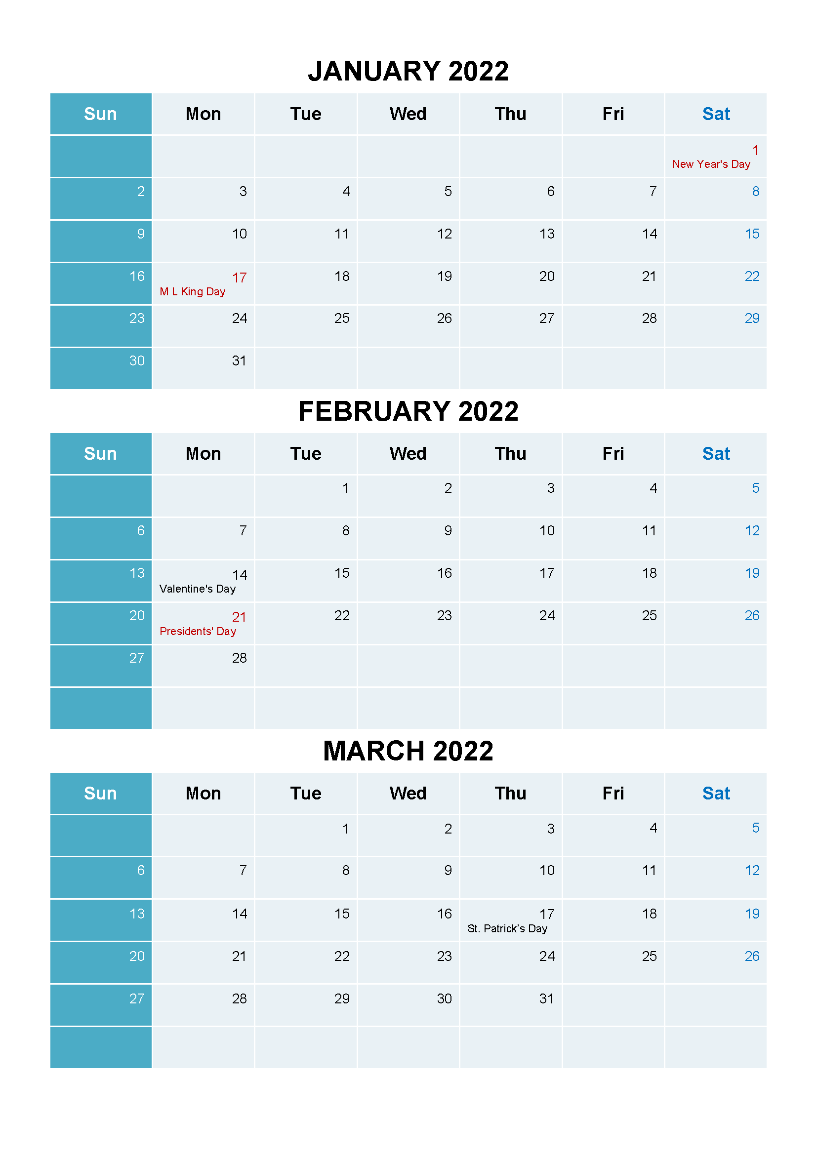 Jan Feb Mar 2022 Calendar with Holidays
