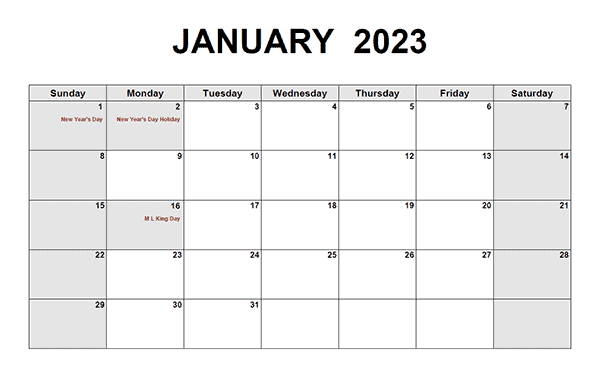 January 2023 Blank Calendar Word