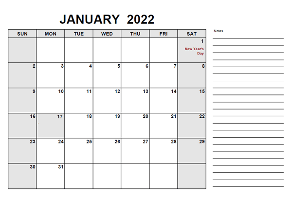 January 2022 Calendar With Notes