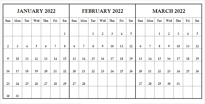 January February March 2022 Calendar Template