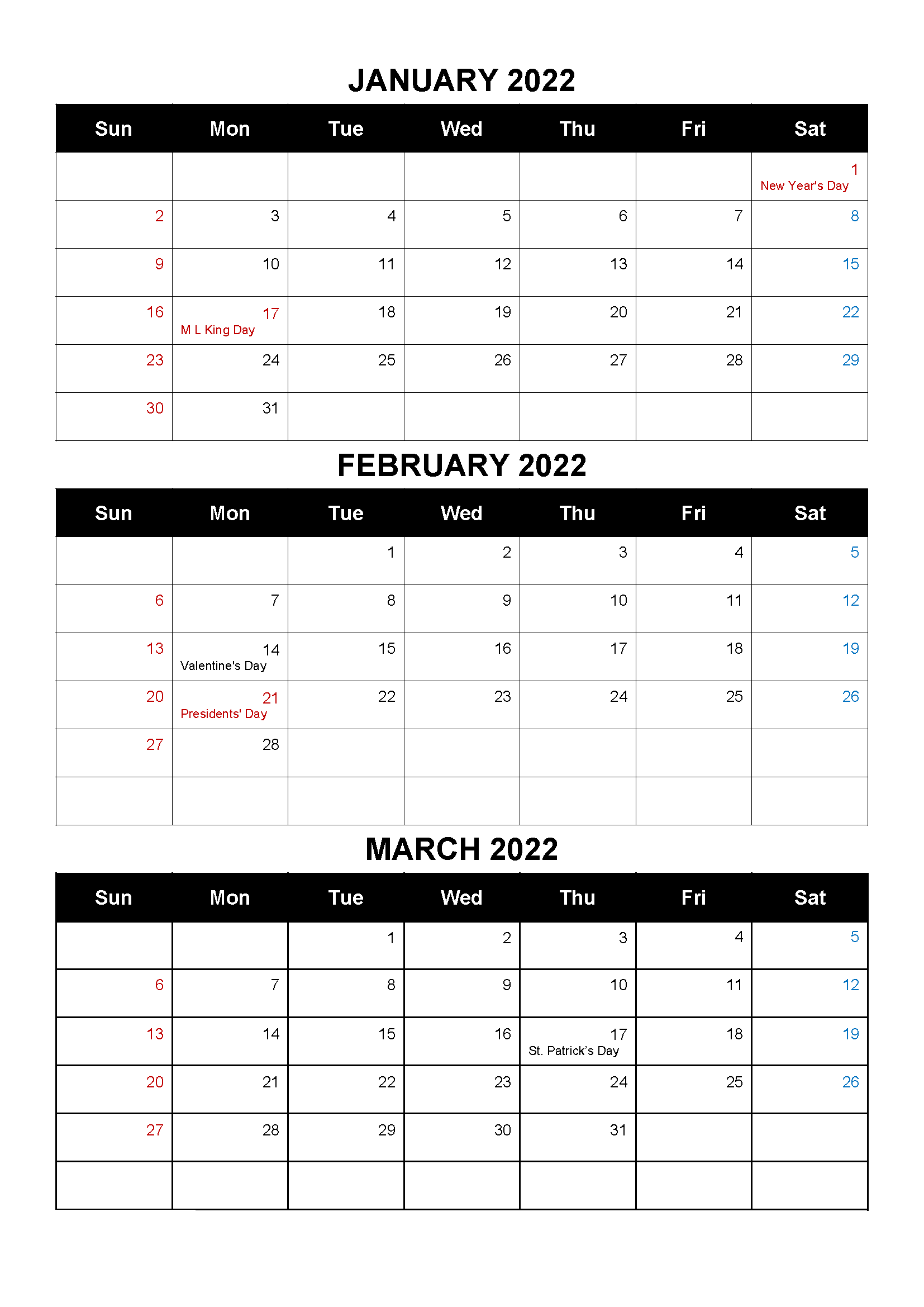 January February March 2022 Calendar