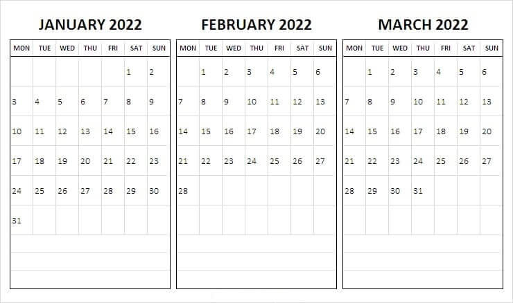 January to March 2022 Printable Calendar