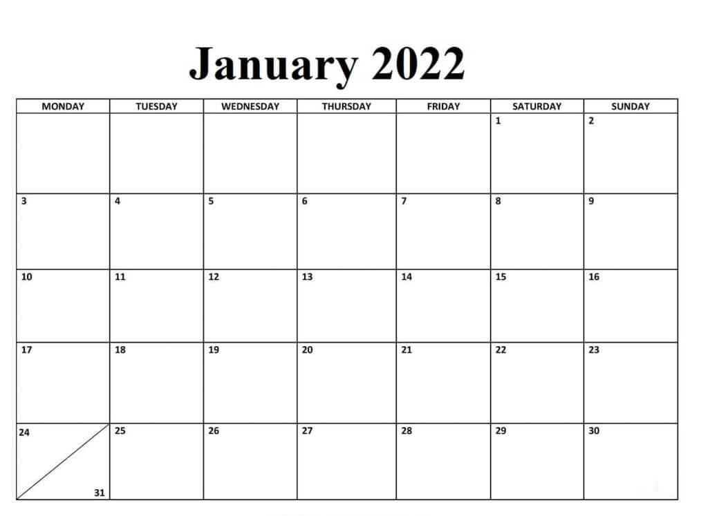 Monthly January Calendar 2022