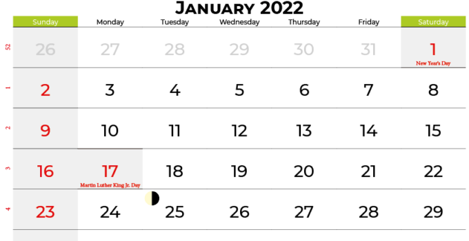 Print january 2022 calendar landscape with holidays