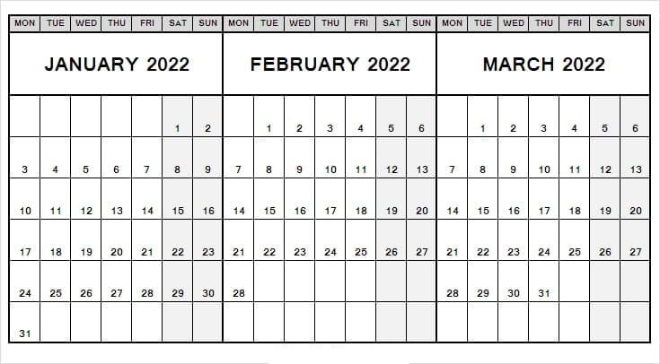 Printable Calendar January to March 2022
