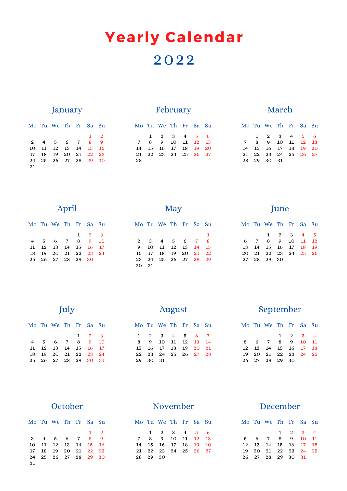 12 Month Yearly Calendar