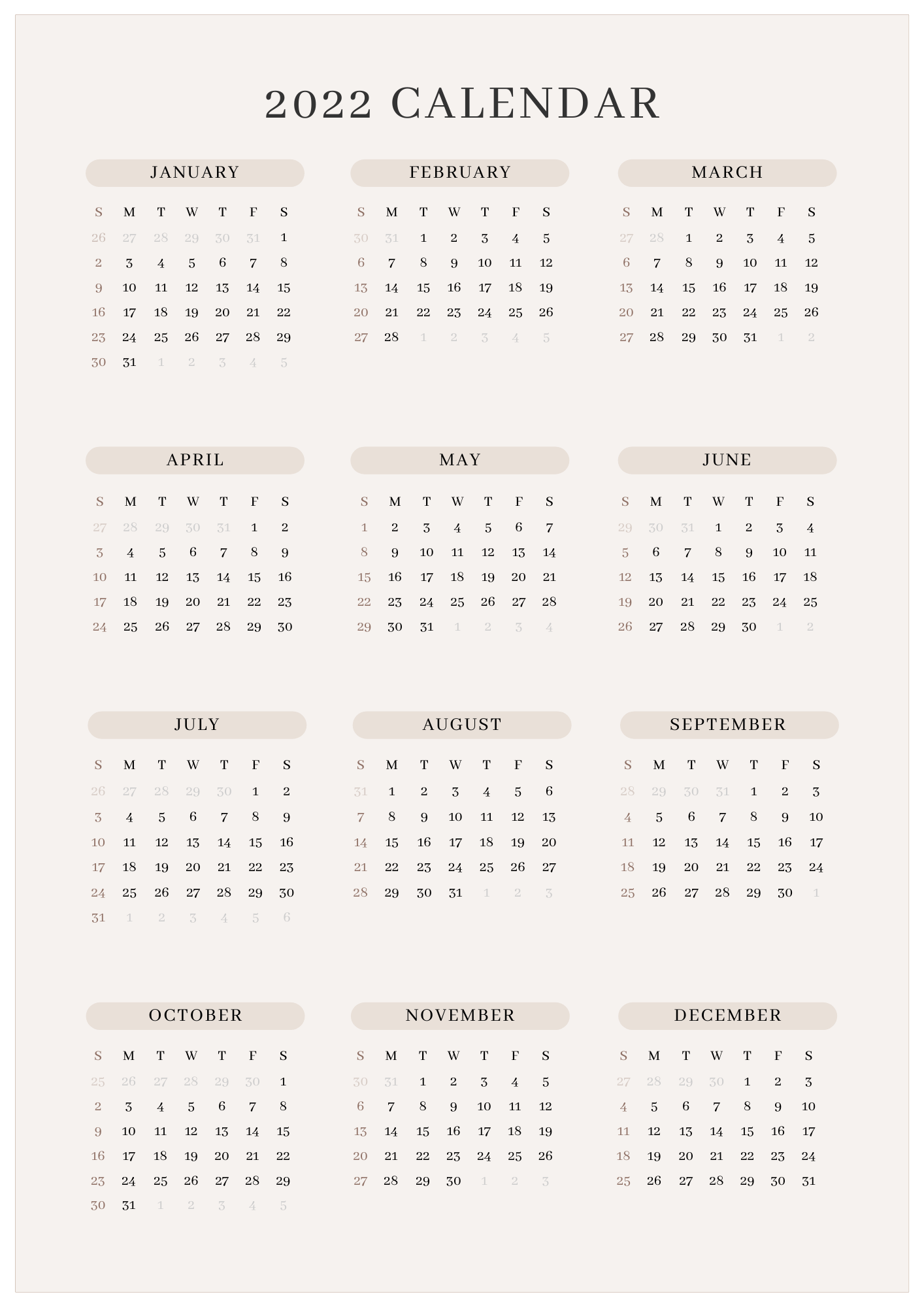 2022 Calendar Portrait
