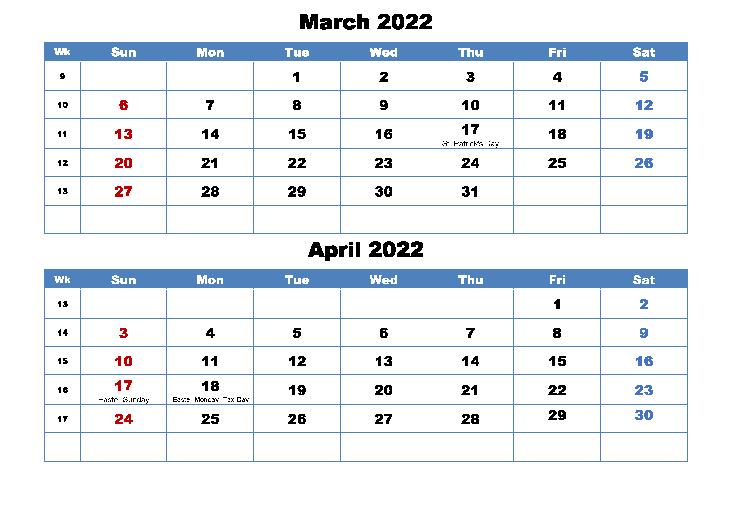 2022 March April Calendar