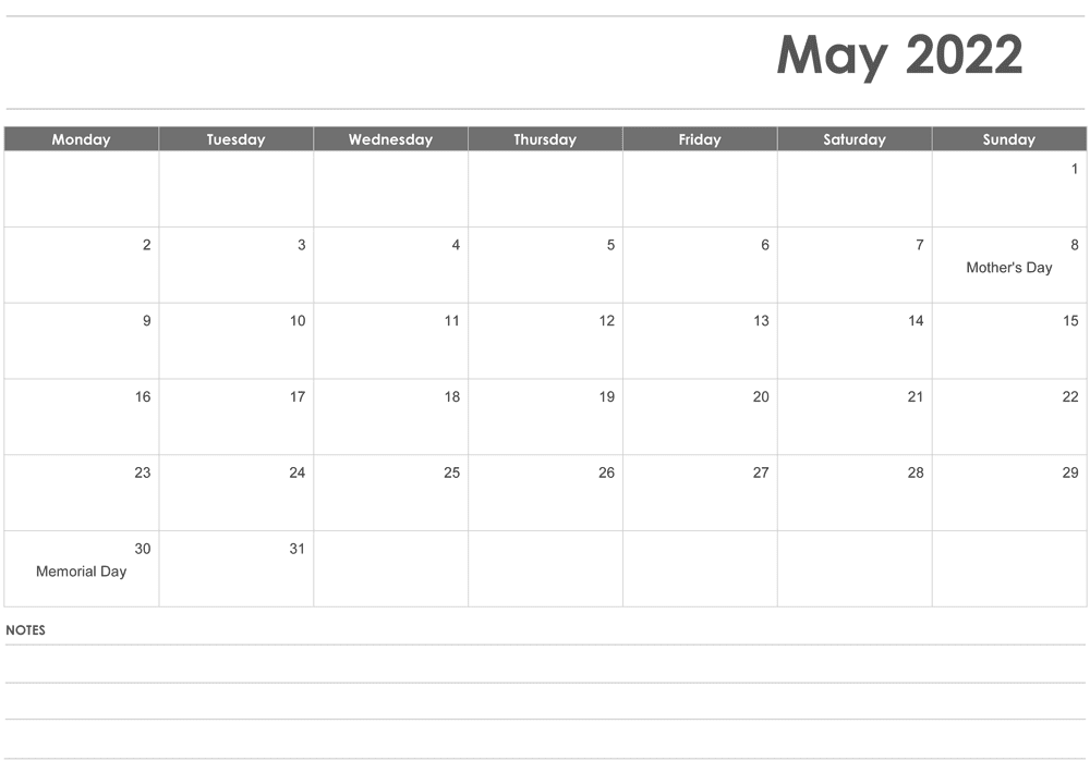 2022 May Calendar Word Editable