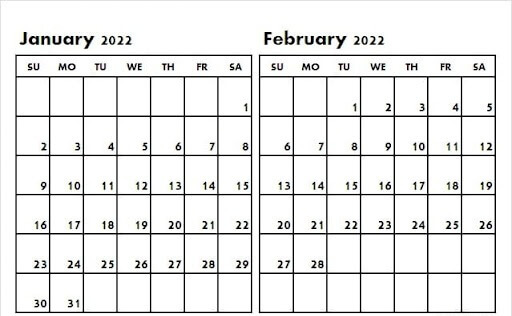 2022 january february calendar template