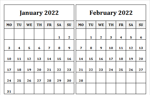 2022 january february calendar
