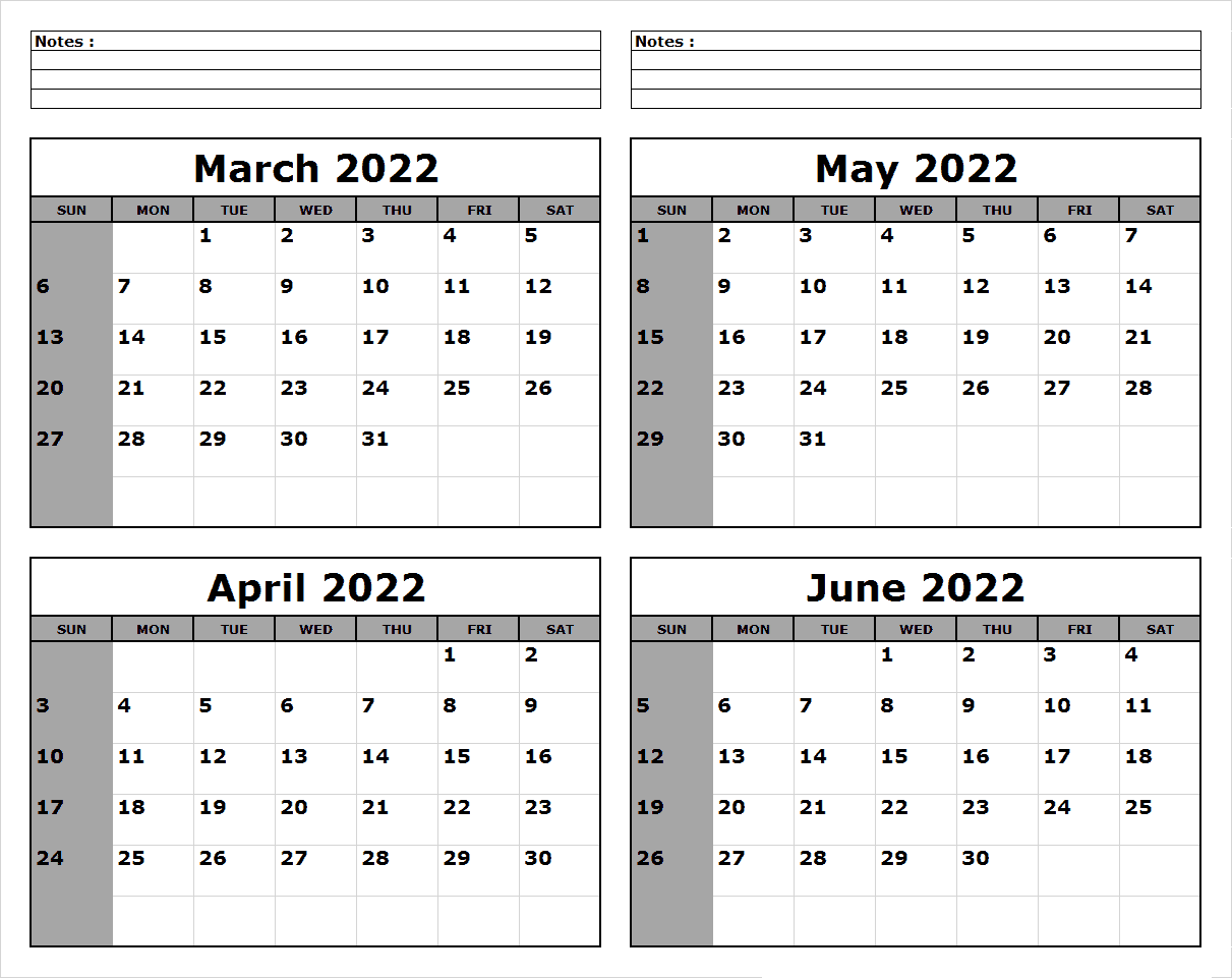 4 Month Calendar March to June 2022
