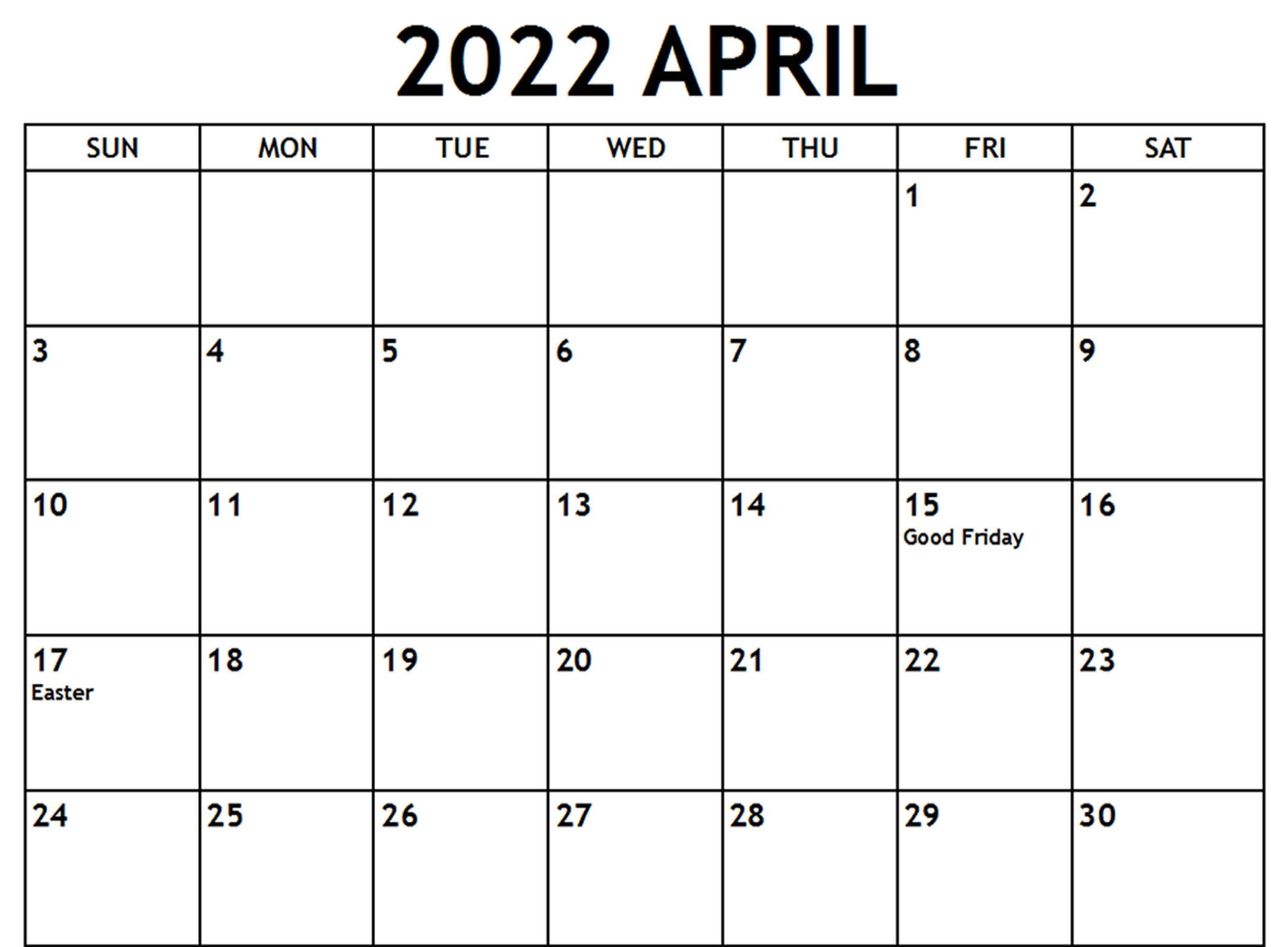 April 2022 Calendar Excel