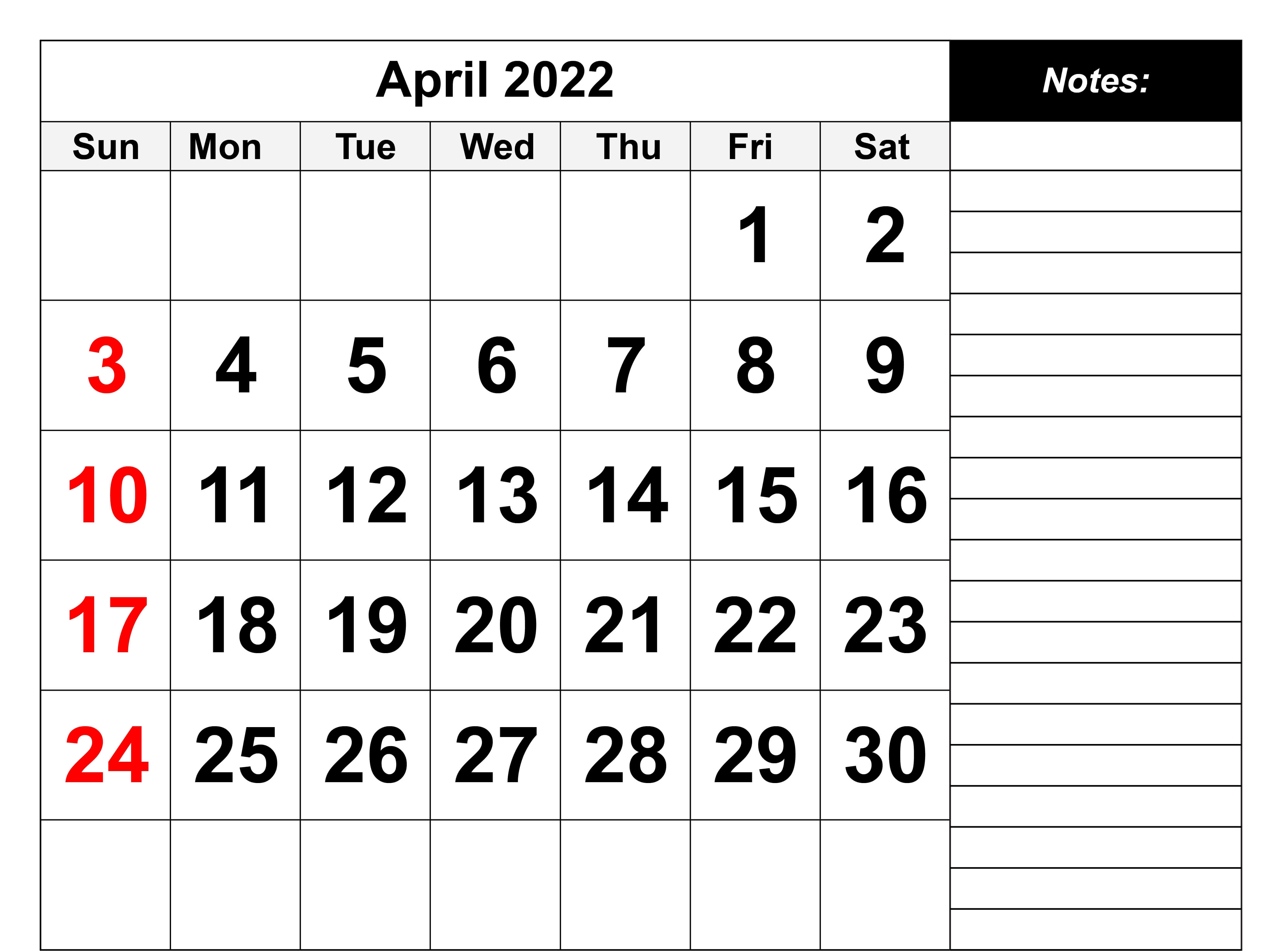 April 2022 Calendar PDF