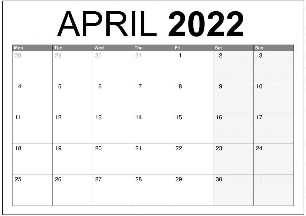 April 2022 Calendar Word