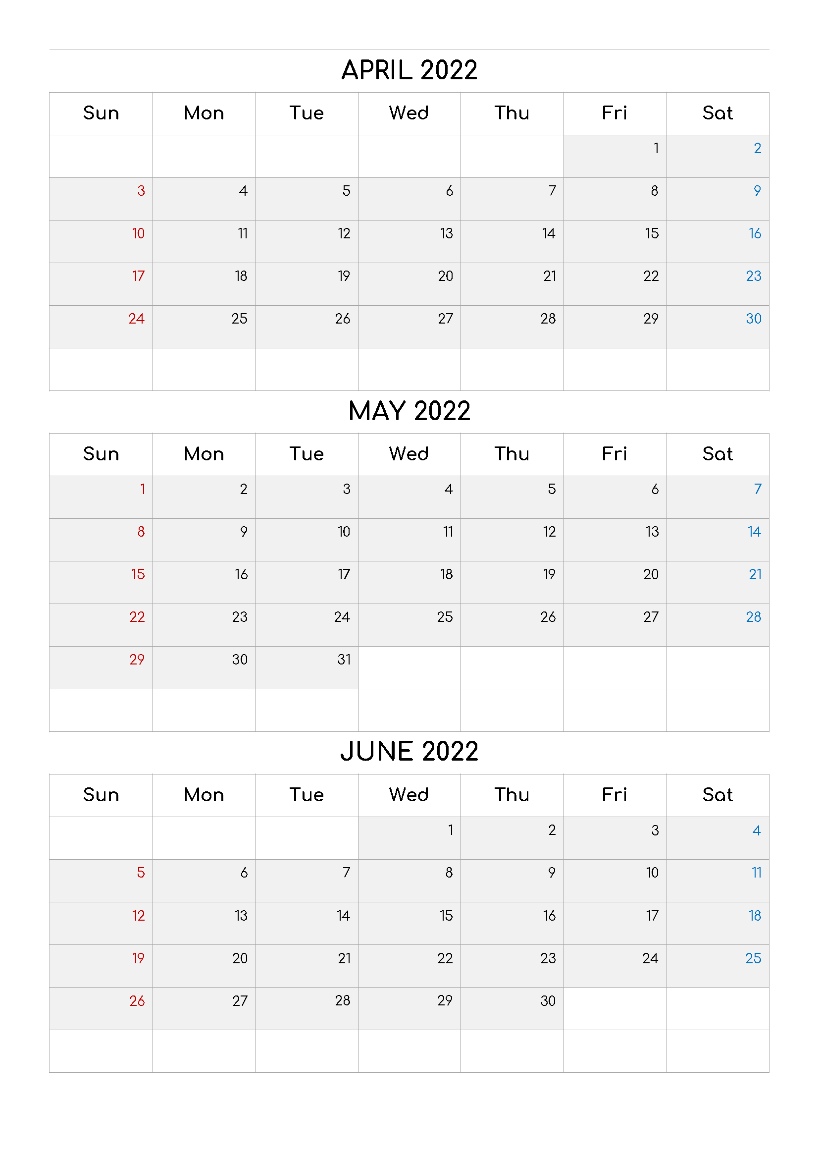 Blank April May June 2022 Calendar