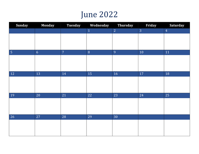 Calendar for June 2022 in PDF, Word and Excel